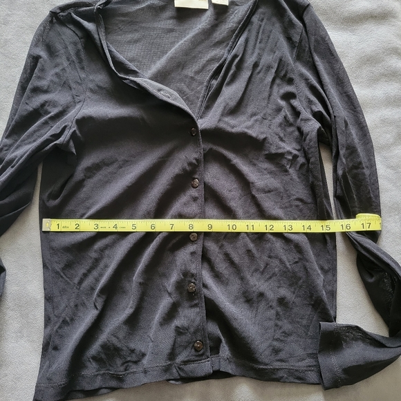 sheer v neck long sleeve black button up down shirt - Picture 3 of 7